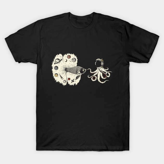 Octopus meets cosmos fighting fish in space T-Shirt by Unelmoija